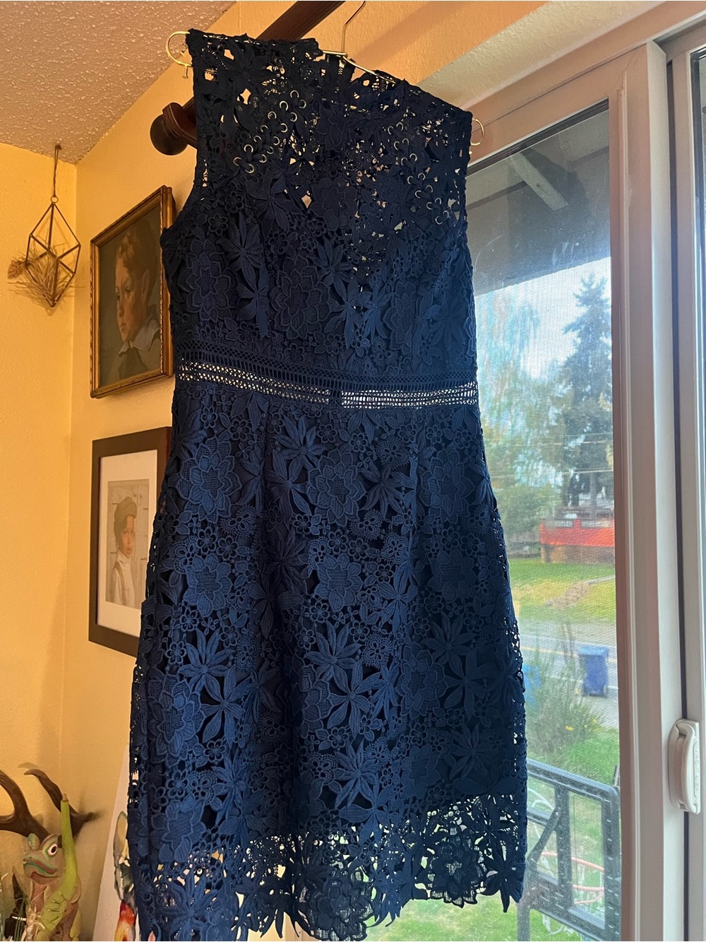 Bardot Navy Crochet Lace Dress with Gold Zip Detail